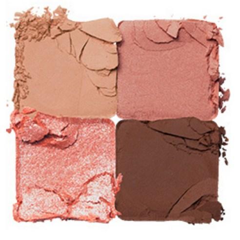 Four crushed eyeshadow shades in soft beige, muted pink, shimmering coral, and deep brown tones with a long-lasting finish