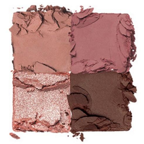 Four crushed eyeshadow shades in muted pink, mauve, shimmer rose, and deep brown tones with long-lasting wear