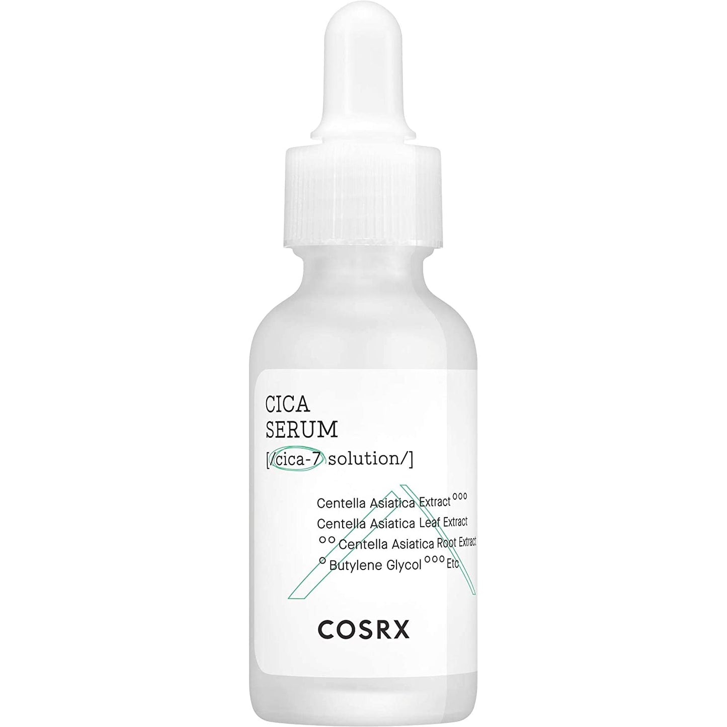 White frosted glass dropper bottle of soothing cica serum with minimal black and green text design on white background