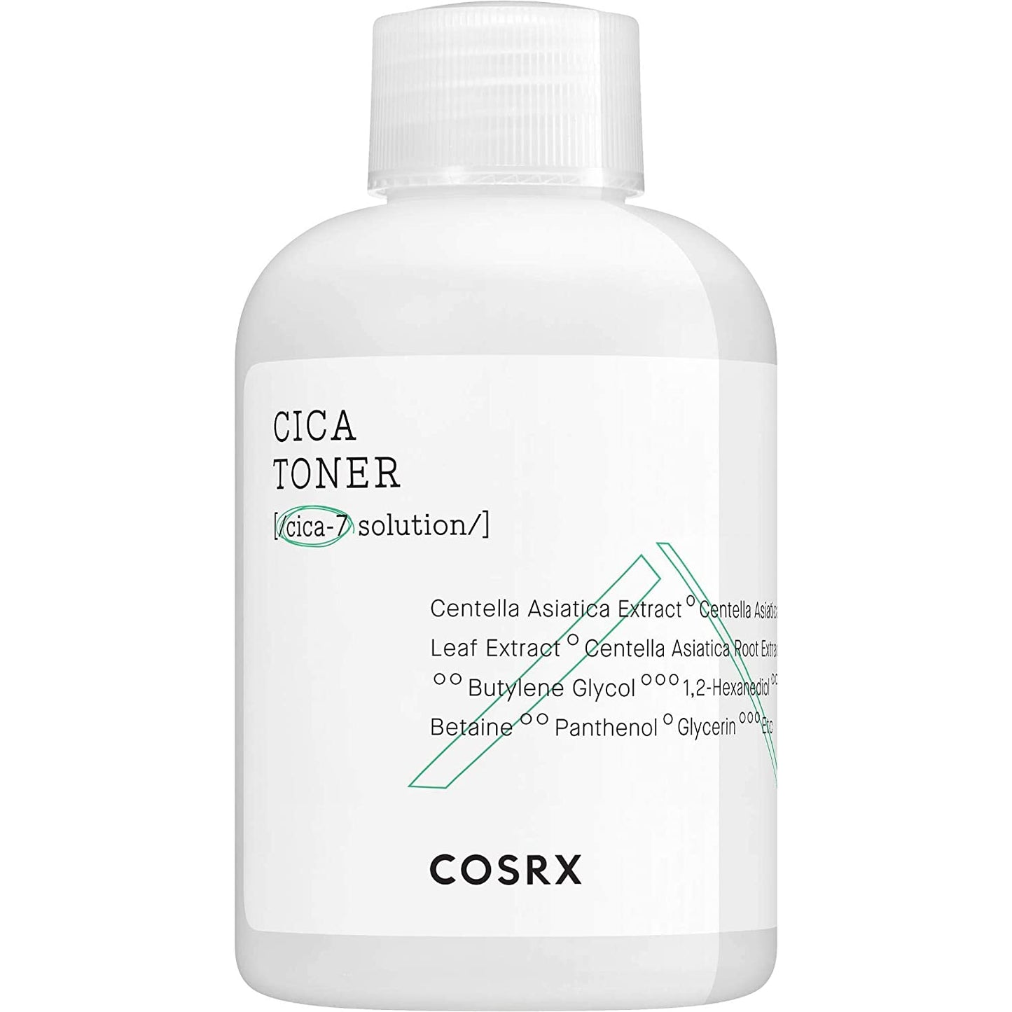 White plastic bottle of COSRX Cica toner with green text highlighting key soothing ingredients on a plain background