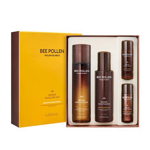 Yellow and brown packaging of a Bee Pollen Renew skincare set featuring moisturizing ampoule and lotion products