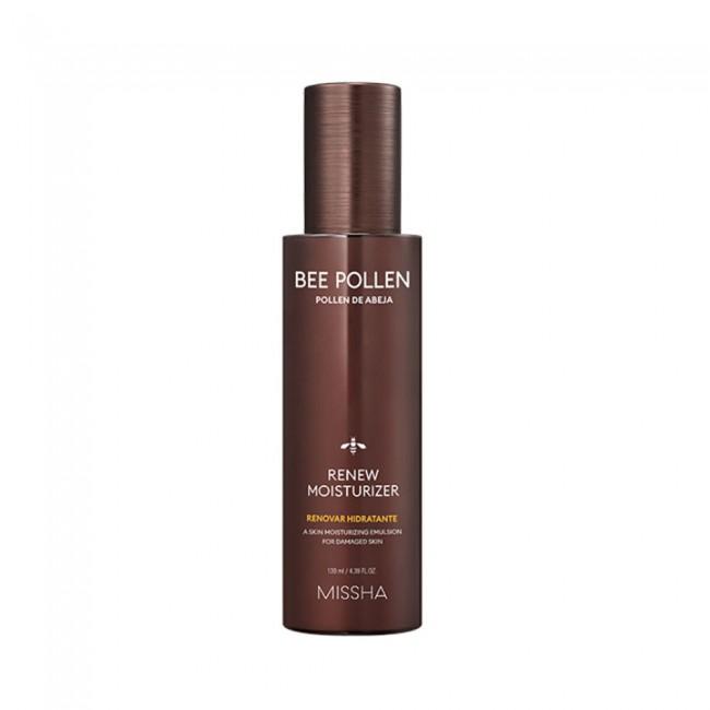 Tall brown bottle of moisturizing emulsion labeled Bee Pollen Renew moisturizer for hydration on white background