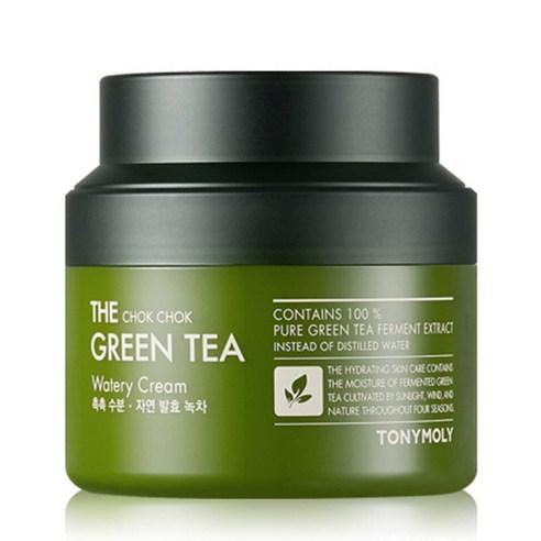 Green tea moisture cream jar in olive green with black lid highlighting hydration and green tea extract benefits