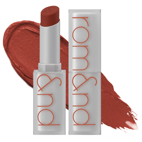 Matte lipstick in muted deep red shade with sleek frosted tube and bold rom&nd branding on a white background