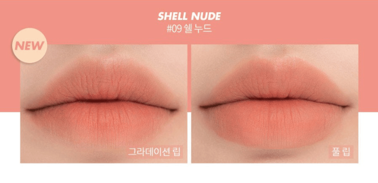 Close-up of lips showing a soft nude coral shade with gradient and full coverage for intense color effect.