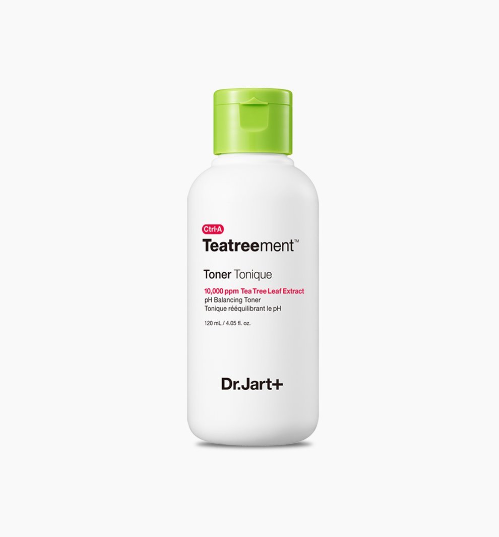 Dr.Jart+ Ctrl-A Teatreement Toner 120ml bottle with green cap featuring purifying action and tea tree leaf extract benefits