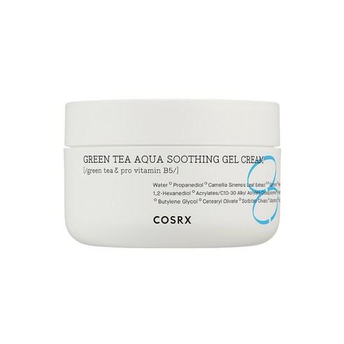 White jar of soothing gel cream with green tea and vitamin B5 text and soft blue leaf graphic on label