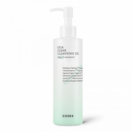 Tall frosted bottle of cleansing oil with white pump top featuring soft green gradient and minimal black text design