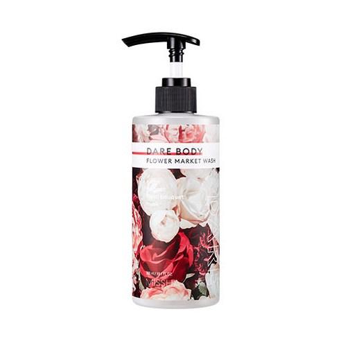 Clear pump bottle of body wash with floral pattern featuring white and red roses and long-lasting fragrance benefits