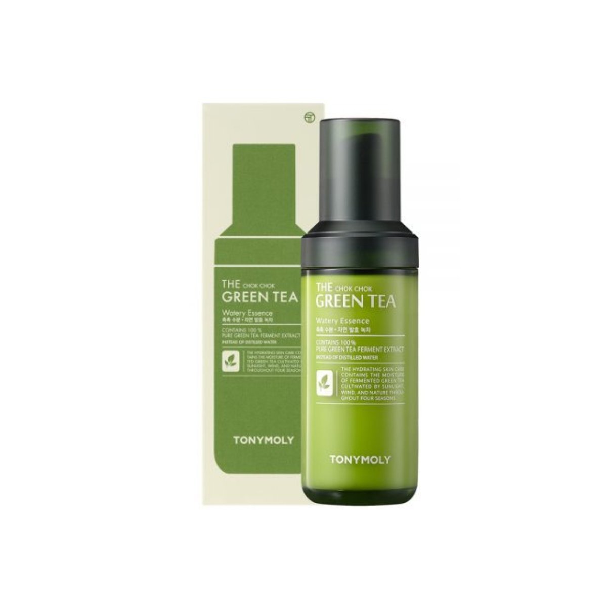 Green tea watery essence in green frosted bottle with black cap and matching box highlighting antioxidant protection benefits