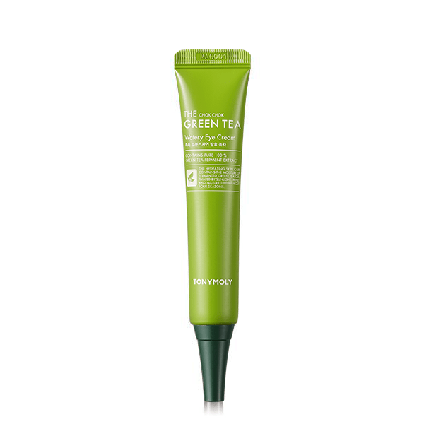 Slim green tube of hydrating green tea eye cream with pointed applicator tip on white background