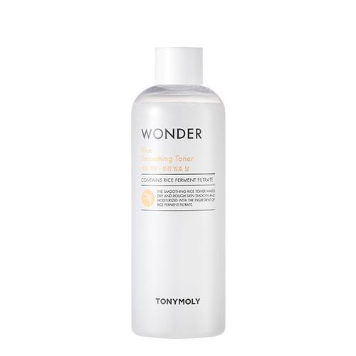 Clear plastic bottle of smoothing toner with white cap and minimalistic black and gold label design