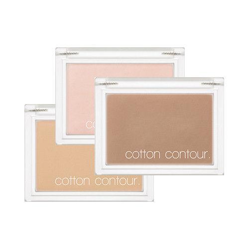 Three rectangular compact contour powders in soft beige, light pink, and warm brown shades with clear lids