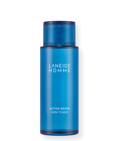 LANEIGE HOMME Active Water Skin Toner 180ml in blue bottle providing a hydration boost for revitalized skin care.