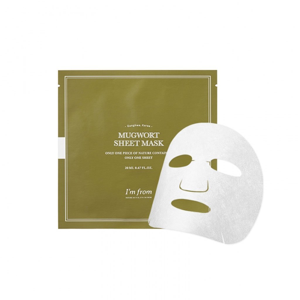 Olive green packaging of a hydration-boosting mugwort sheet mask with a white cotton fiber mask sheet displayed alongside