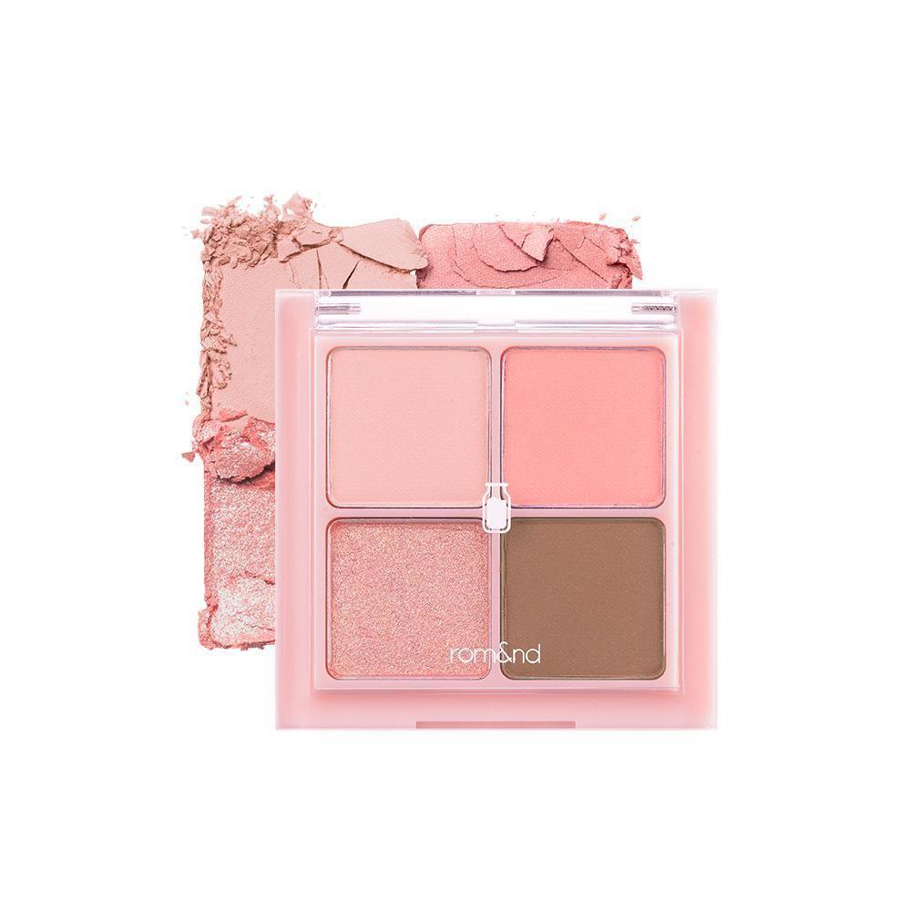 Compact eyeshadow palette with four soft pink and brown shades, including matte and shimmer finishes.