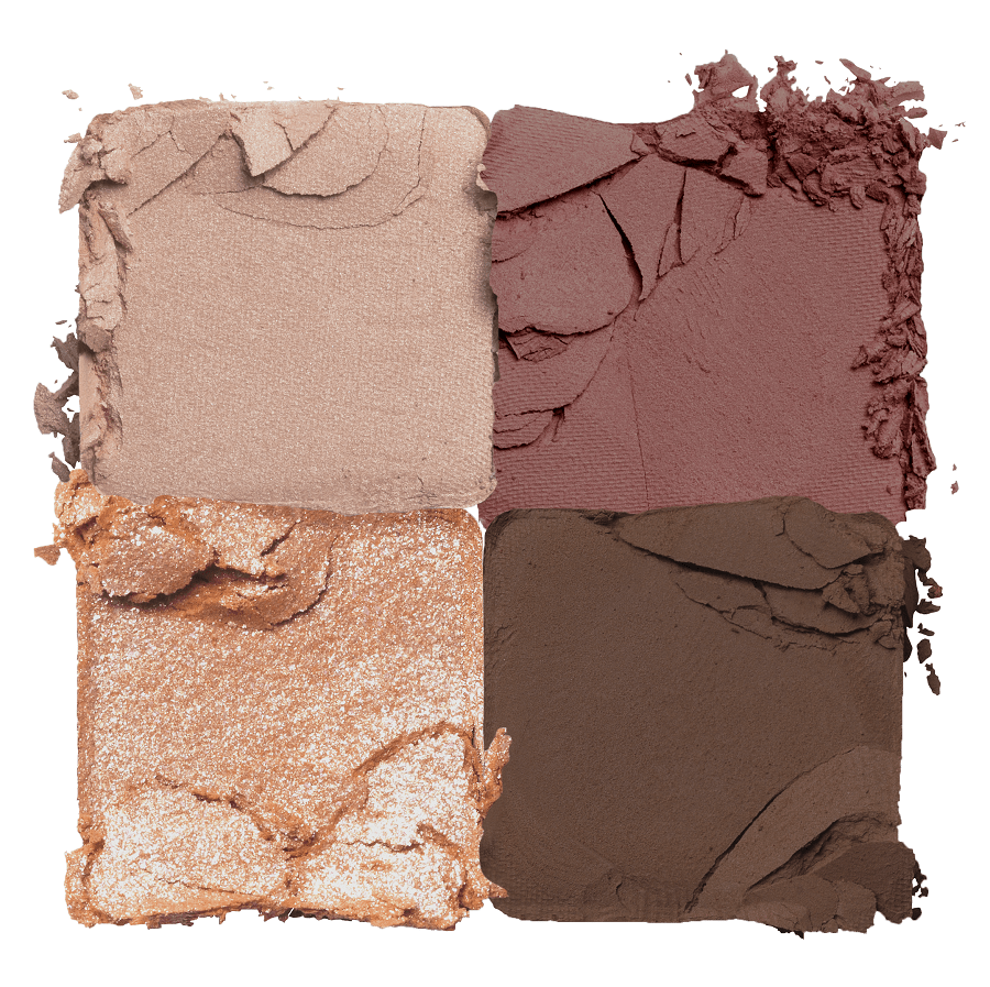 Four crushed eyeshadow shades in muted beige, mauve, bronze shimmer, and deep brown tones with long-lasting wear