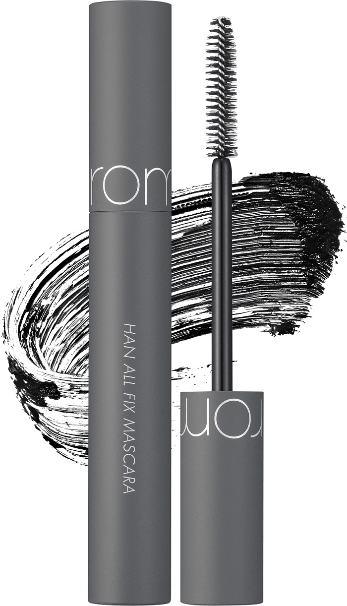 Matte gray mascara tube and wand with visible black mascara smear showing long-lasting finish effect