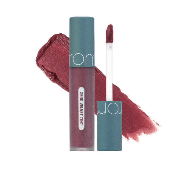 Matte deep rose lip tint tube with matching applicator wand and swatch in rich velvet finish on white background