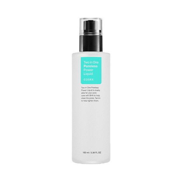 Frosted white bottle of pore-reducing liquid with turquoise label and black pump dispenser on white background