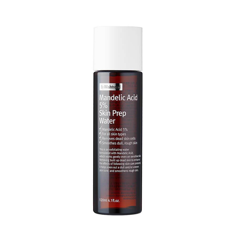 Dark amber bottle with white cap labeled Mandelic Acid 5% Skin Prep Water on white background