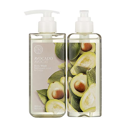 Clear body wash bottles with pump tops featuring avocado fruit illustrations and hydration boost benefits