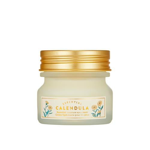 Small frosted jar of Calendula Essential Moisture Eye Cream with gold lid and floral label design against white background