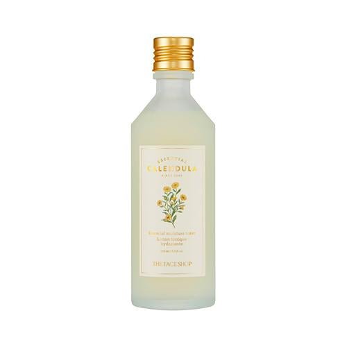 Frosted glass bottle of hydrating calendula toner with gold cap and floral label on white background