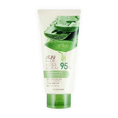 Squeeze tube of fresh aloe soothing gel featuring green aloe slices and clear gel droplets on white background