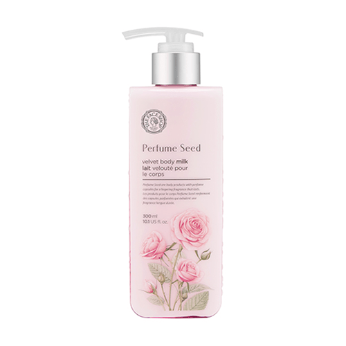 Tall pastel pink body milk bottle with silver pump and rose illustrations promoting long-lasting fragrance