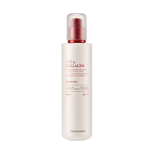 Tall frosted bottle of pomegranate and collagen toner with soft pink cap highlighting skin elasticity benefits