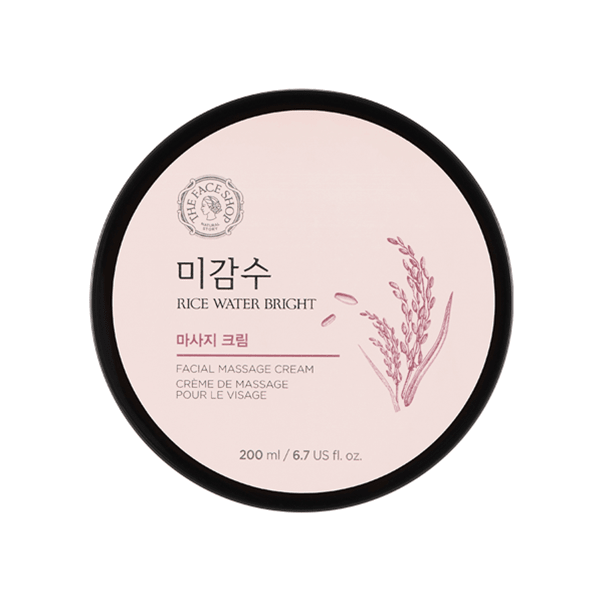 Round container of facial massage cream with rice water bright formula and delicate pink label design