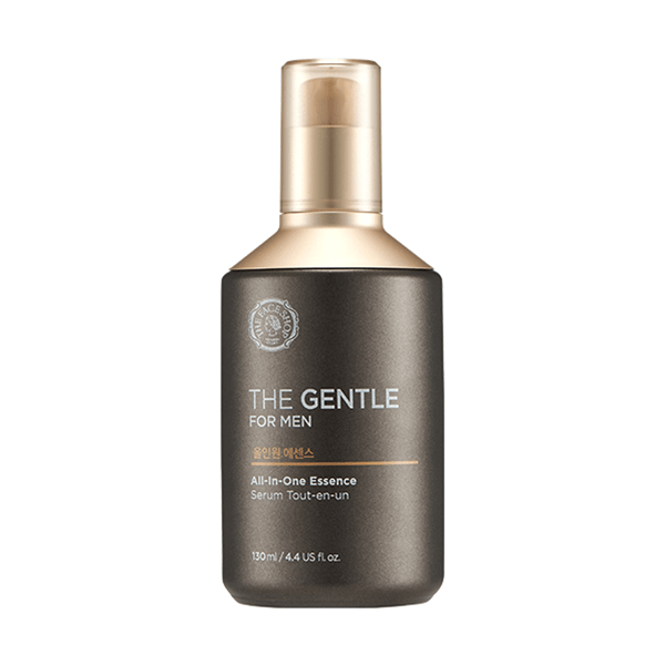 Matte dark bottle of Gentle All-In-One Essence for men with gold pump cap and minimalist label design