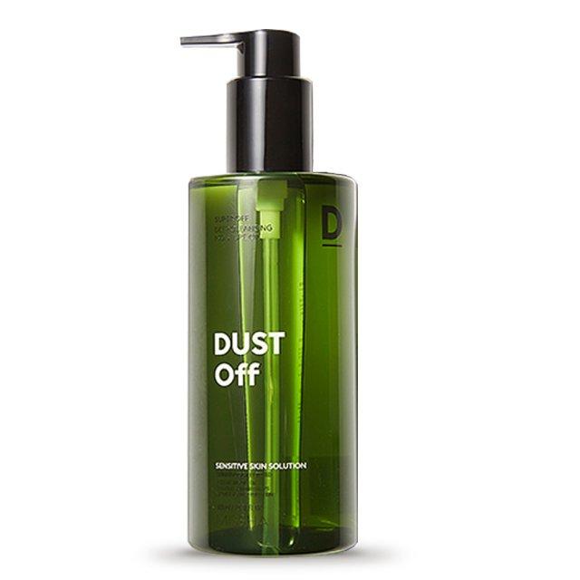 Green translucent pump bottle of cleansing oil labeled Dust Off for sensitive skin thorough cleansing benefits