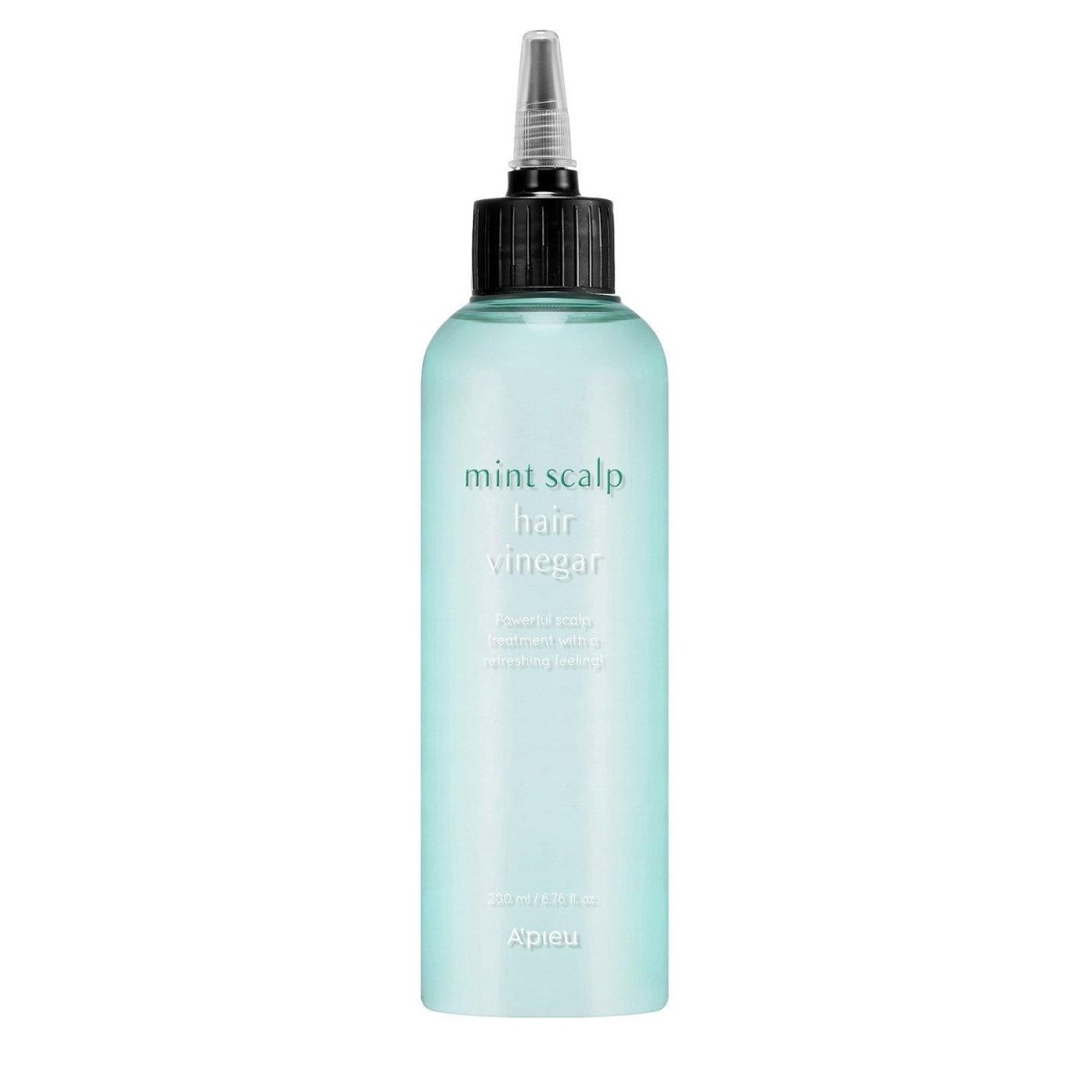 A'pieu MINT SCALP HAIR VINEGAR 200ml in light green bottle with black applicator cap featuring moisturizing formula benefits