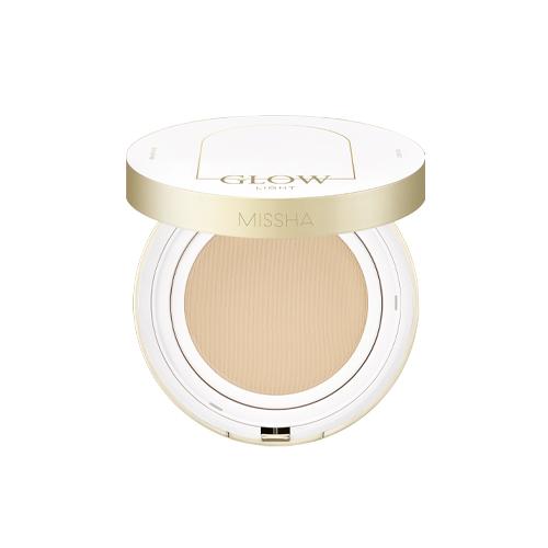 Open compact cushion foundation with light beige shade and UV protection in sleek white and gold case