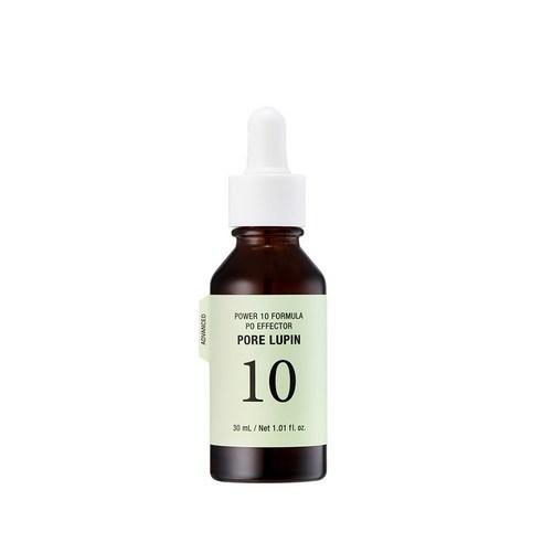 Dark amber dropper bottle with light green label of gentle pore-lupin serum for skin care on white background