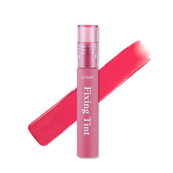 ETUDE HOUSE Fixing Tint 4g #10 Smokey Cherry tube with bright red-pink tint swatch behind on white background