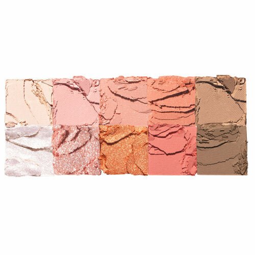 Ten crushed powder eyeshadows in matte, shimmer, and satin finishes showcasing a variety of soft neutral shades