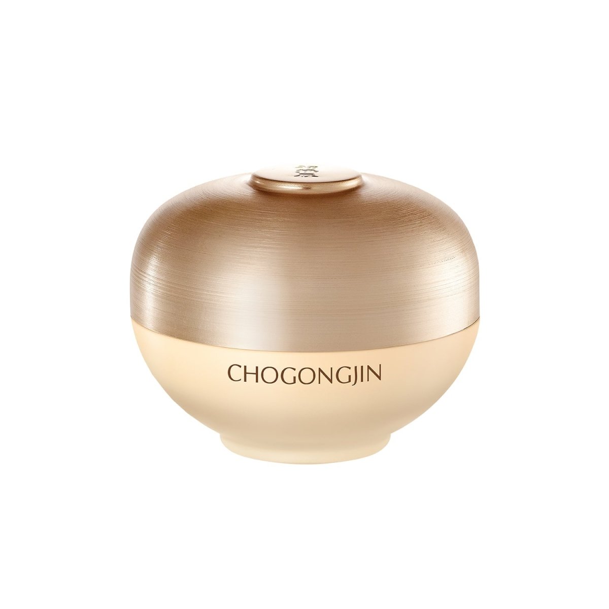 Round cream jar with a matte gold lid and nutritional support cream branding on white background