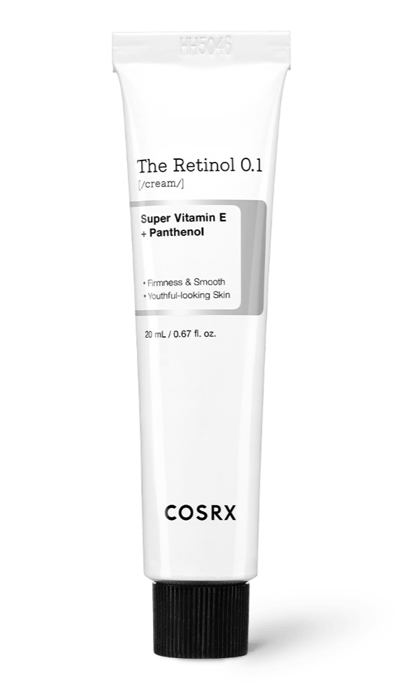 White tube of retinol cream with black cap highlighting vitamin E and panthenol for skin firmness and smoothness