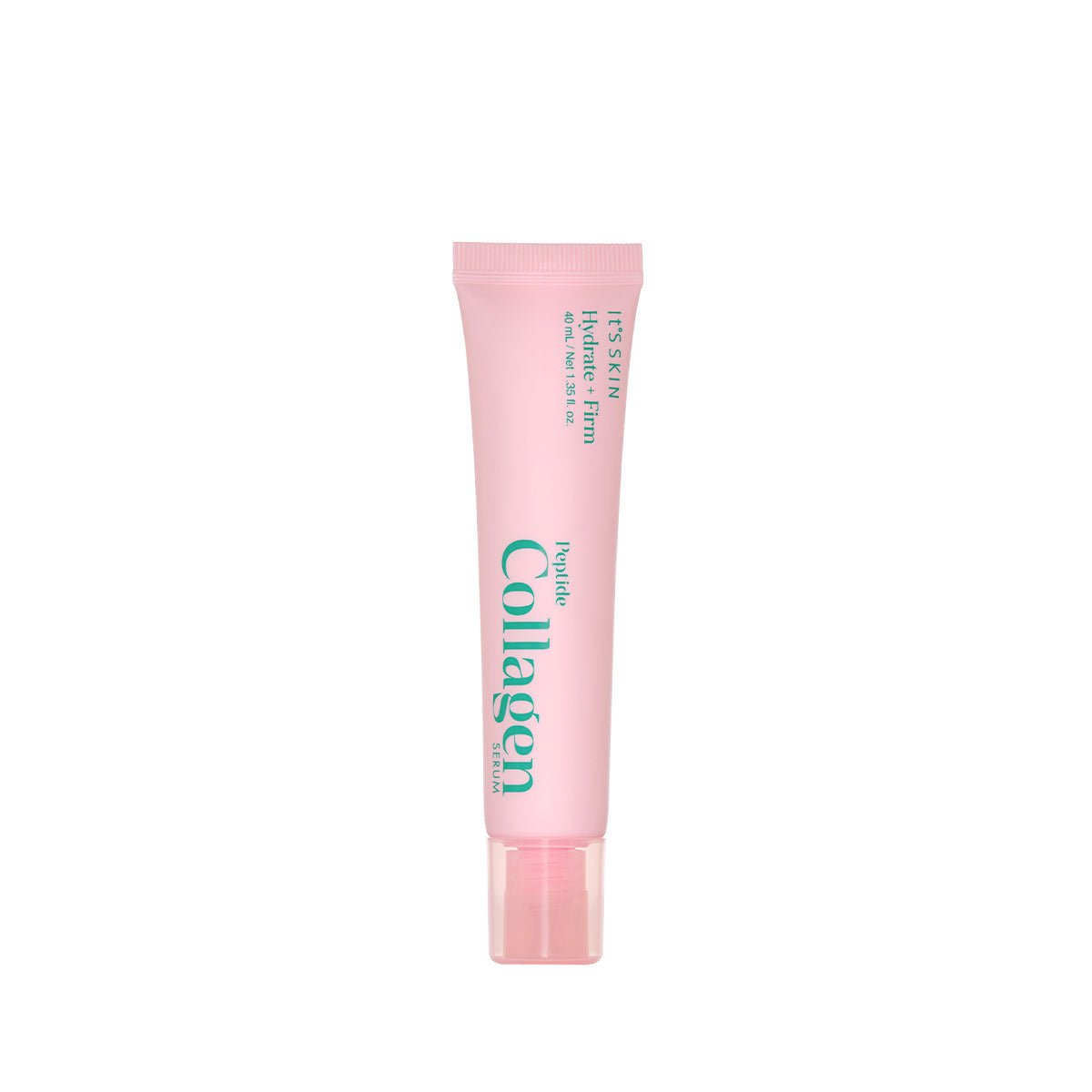 Pink tube of peptide collagen serum with hydration benefits and teal text on a plain white background