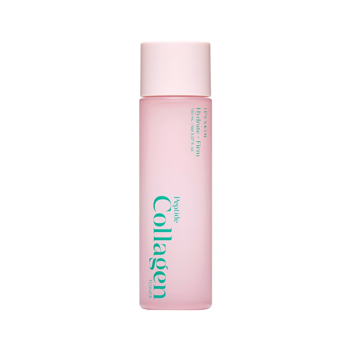 Matte pink bottle of peptide collagen toner with turquoise text promoting hydration boost on a white background