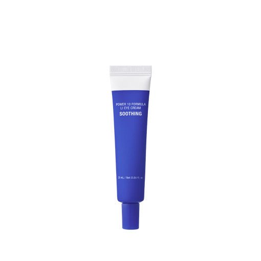 Blue tube of soothing eye cream with white cap designed to reduce fine lines and refresh delicate skin around eyes