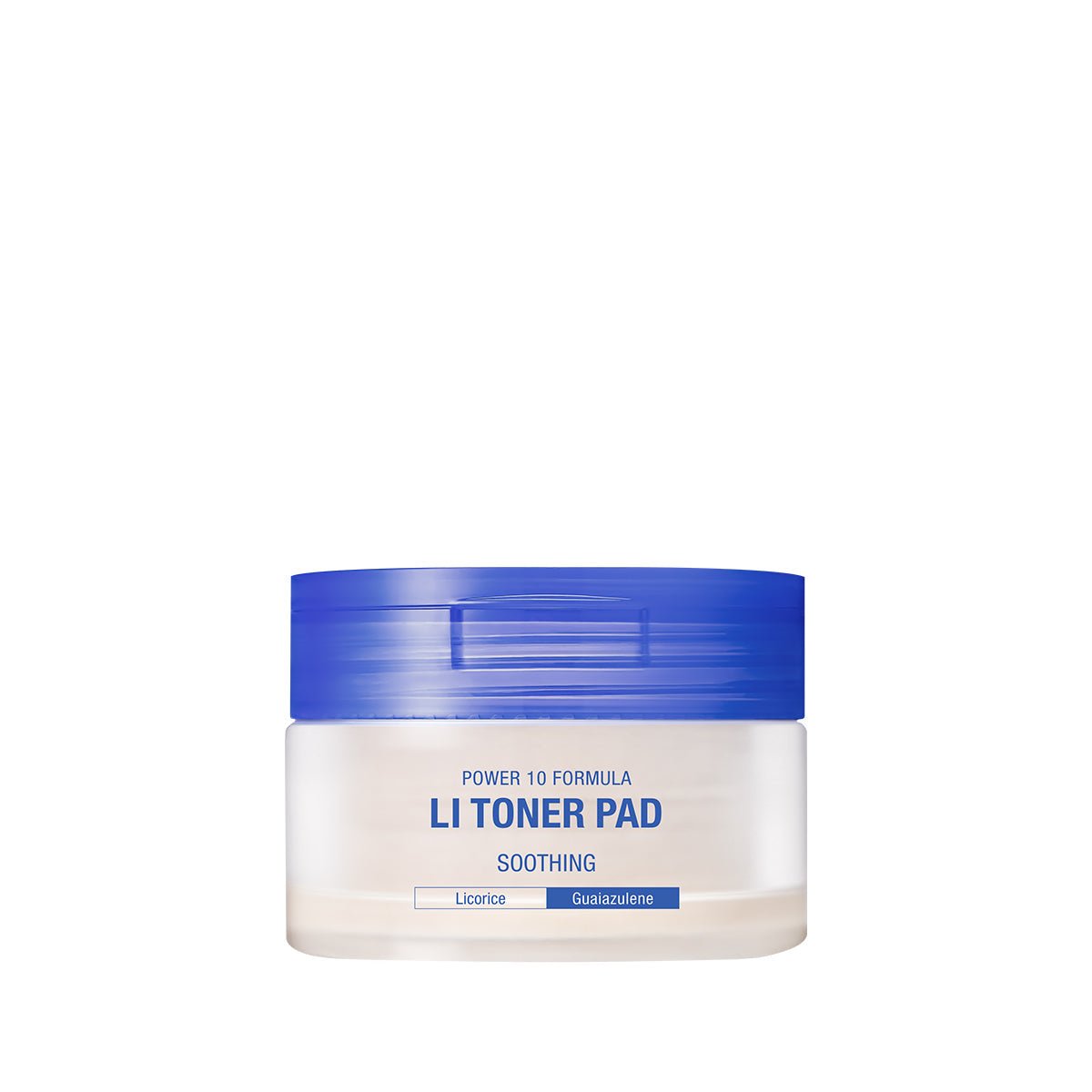 Clear jar with blue lid of soothing toner pads for gentle exfoliation on white background