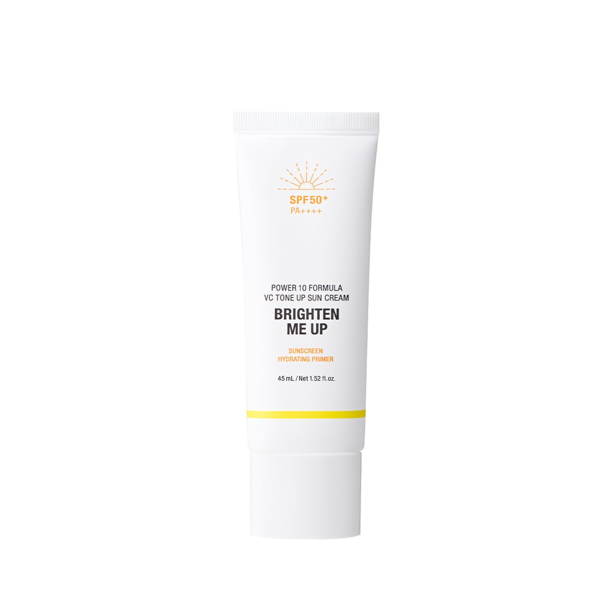 White tube of brightening sun cream with SPF50+ and hydrating formula against plain white background