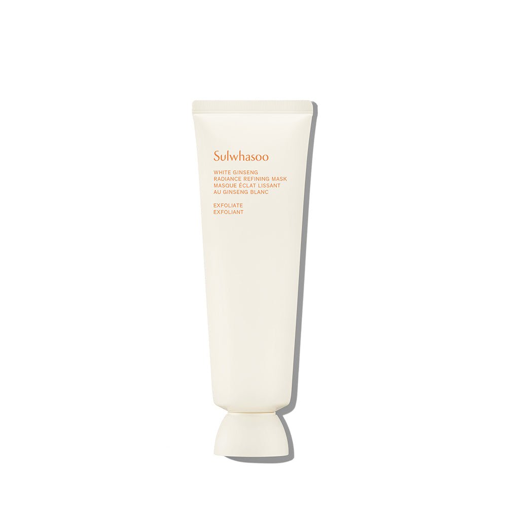Minimalist white tube of radiance refining exfoliating mask with subtle orange text on clean white background
