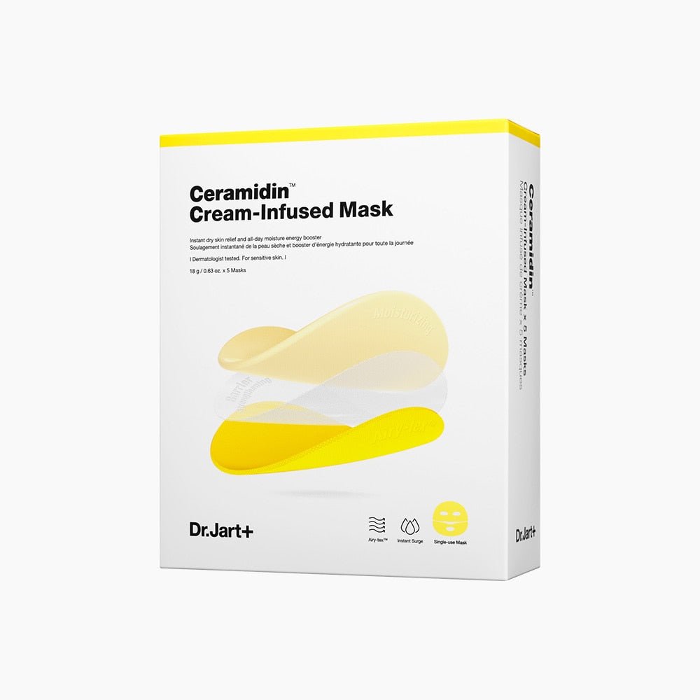 Dr.Jart+ Ceramidin Cream-Infused Mask 18g X 5ea box with bright yellow accents emphasizing intense hydration benefits