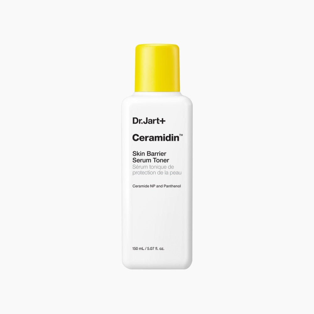 Dr.Jart+ Ceramidin Skin Barrier Serum Toner 150ml with hydrating formula and bright yellow cap on white background