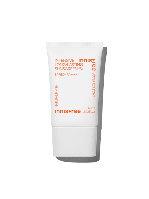 White sunscreen tube with orange text highlighting long-lasting protection and water resistance on plain white background